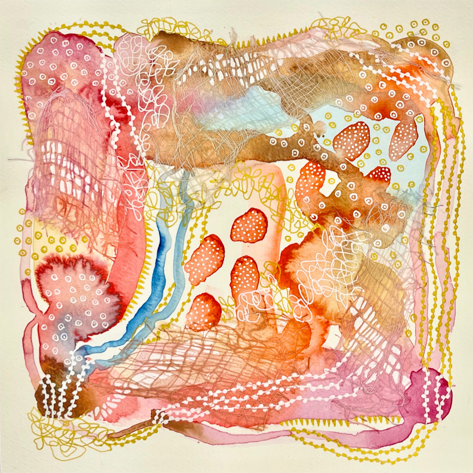 Changing seasons. 8"x8". Watercolor, ink, and gauze.