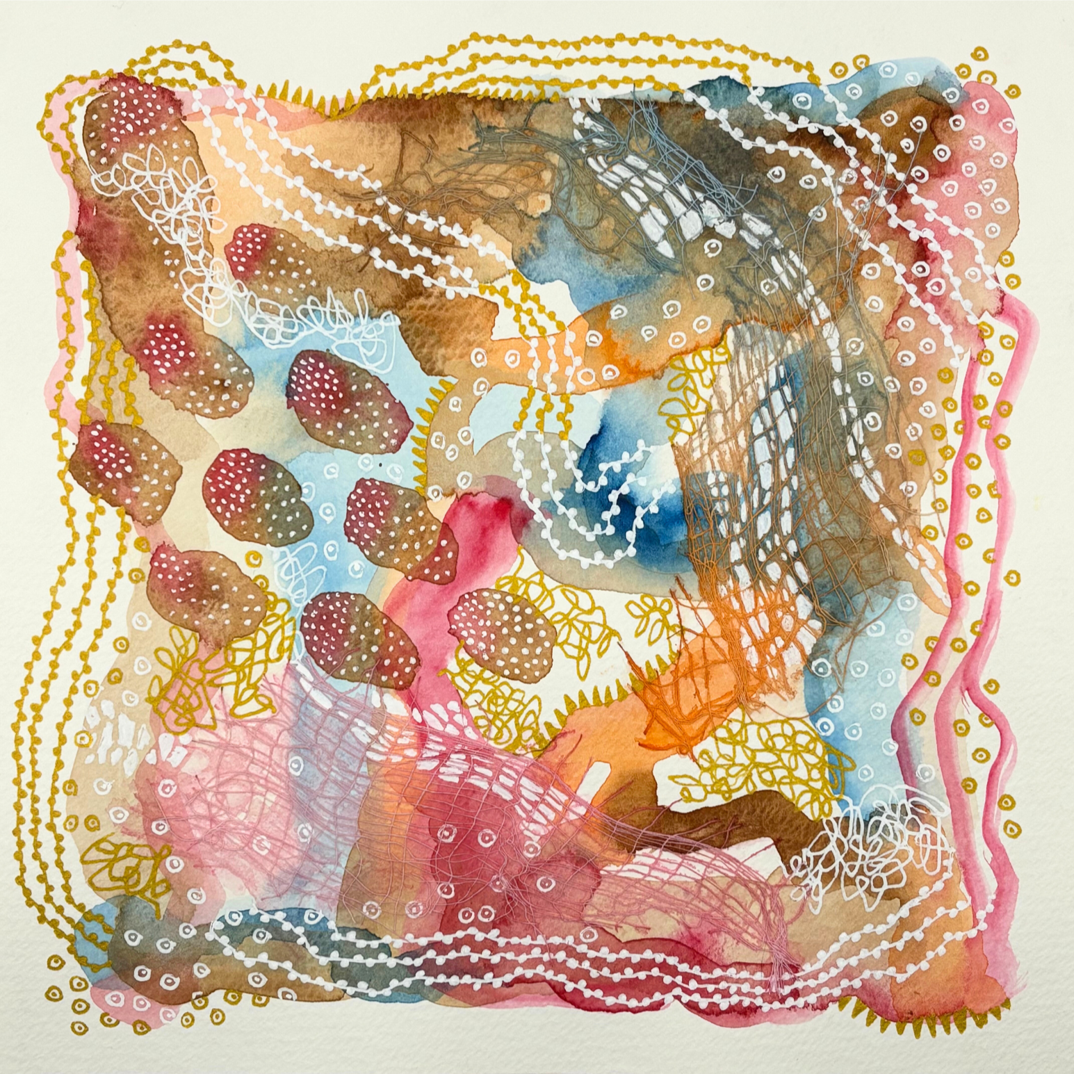 Sewing the seed I. 8"x8". Watercolor, ink, and gauze.