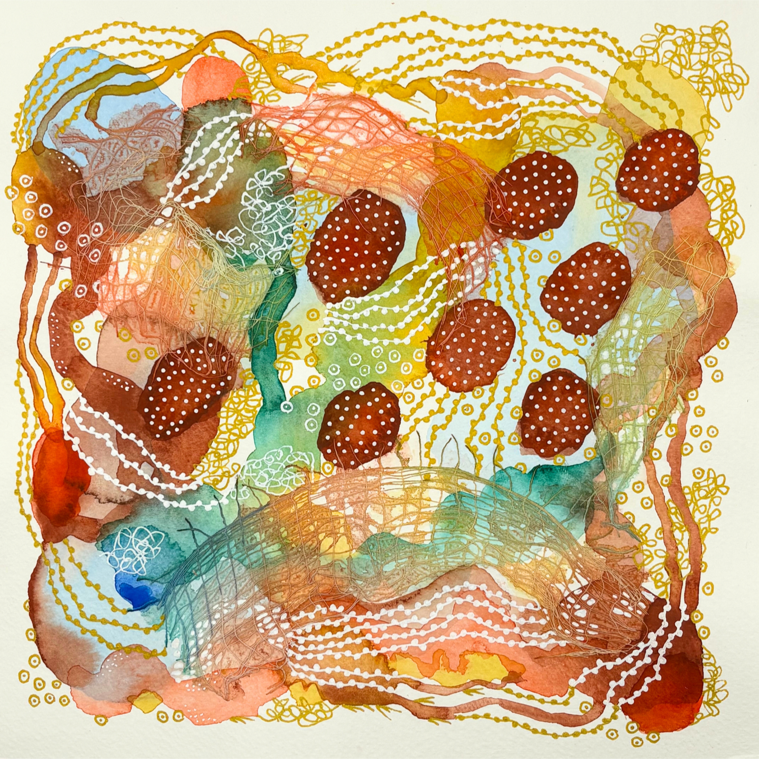 Second harvest I. 8"x8". Watercolor, ink, and gauze.