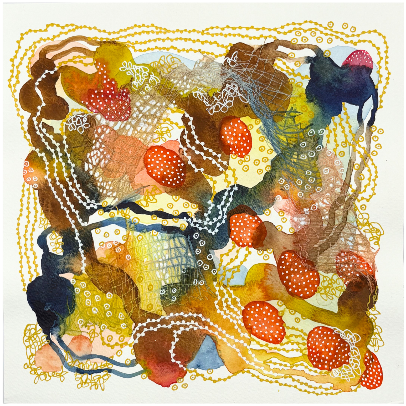 Mixed signals II. 8"x8". Watercolor, ink, and gauze.