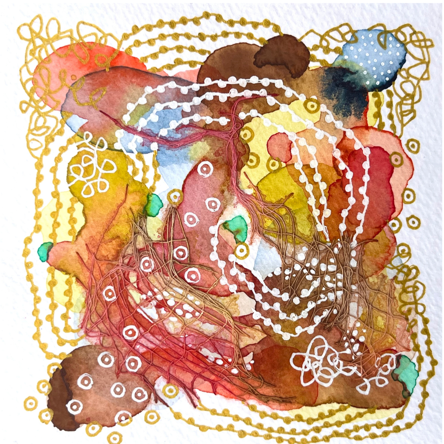 Golden hour III. 4"x4". Watercolor, ink, and gauze.
