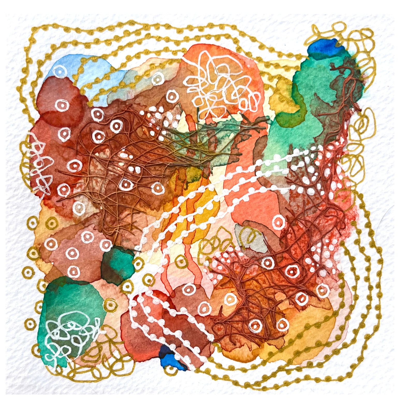 Sitting on the dock IV. 4"x4". Watercolor, ink, and gauze.