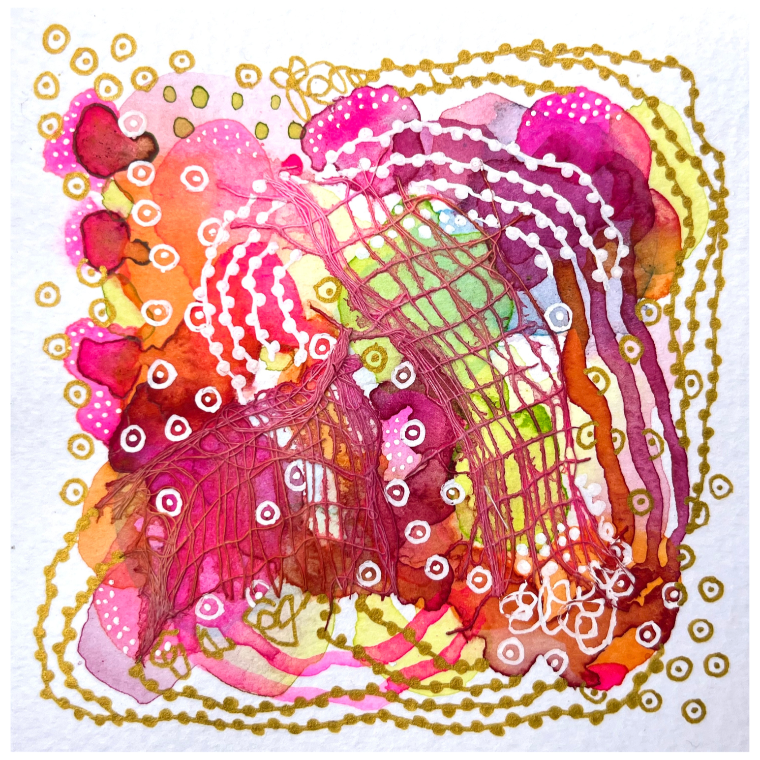 Daydreaming II. 4"x4". Watercolor, ink, and gauze.