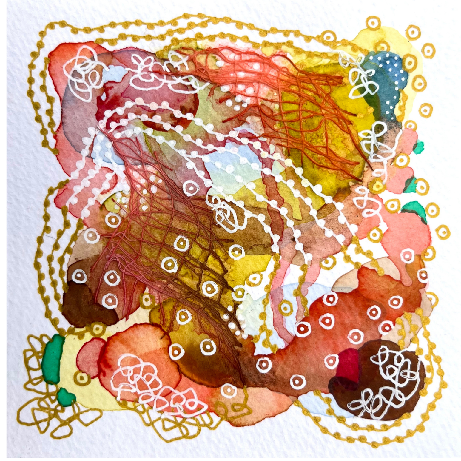Golden hour II. 4"x4". Watercolor, ink, and gauze.
