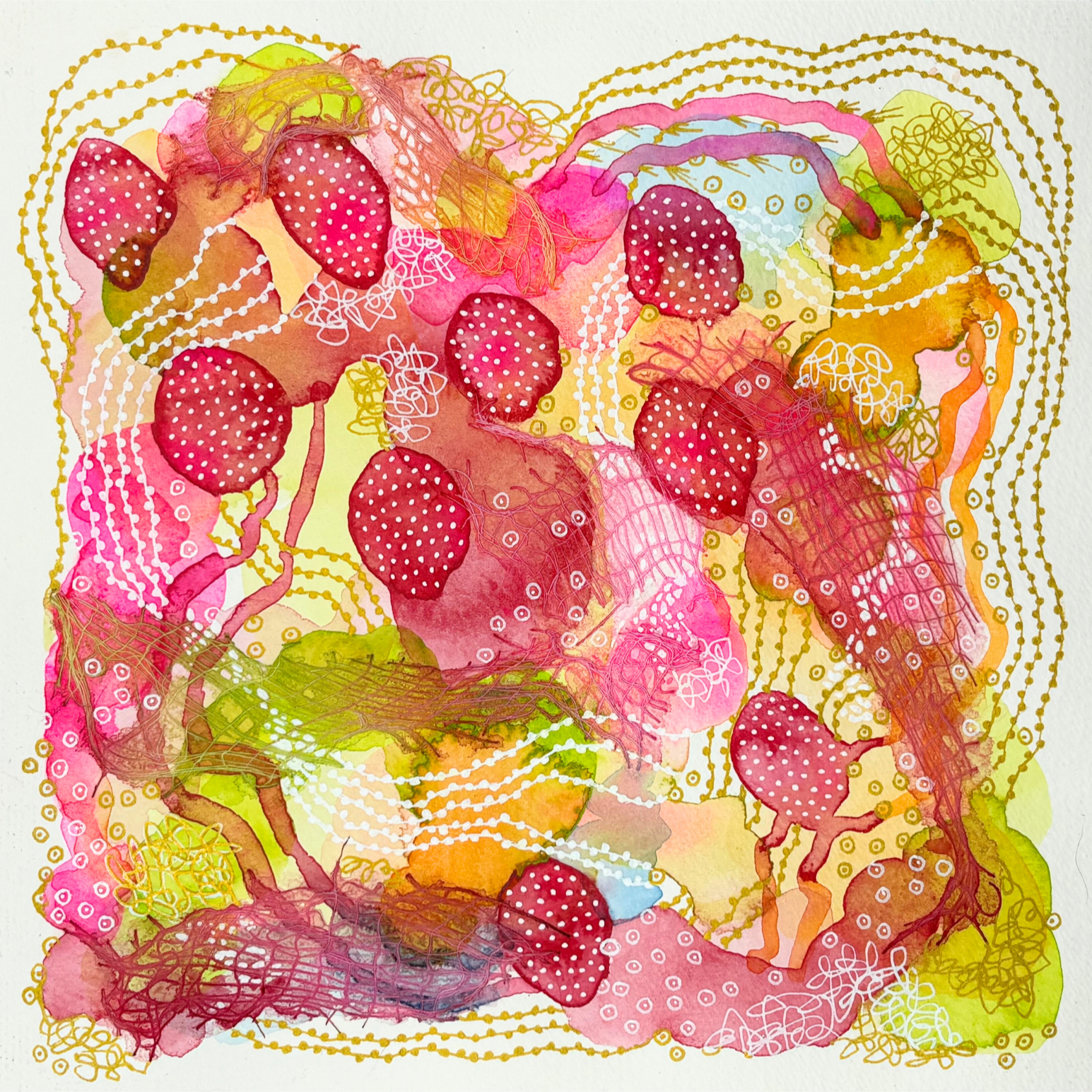 All that. 8"x8". Watercolor, ink, and gauze.
