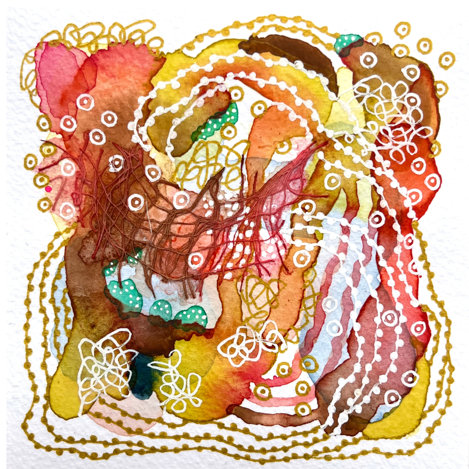 Golden hour IV. 4"x4". Watercolor, ink, and gauze.