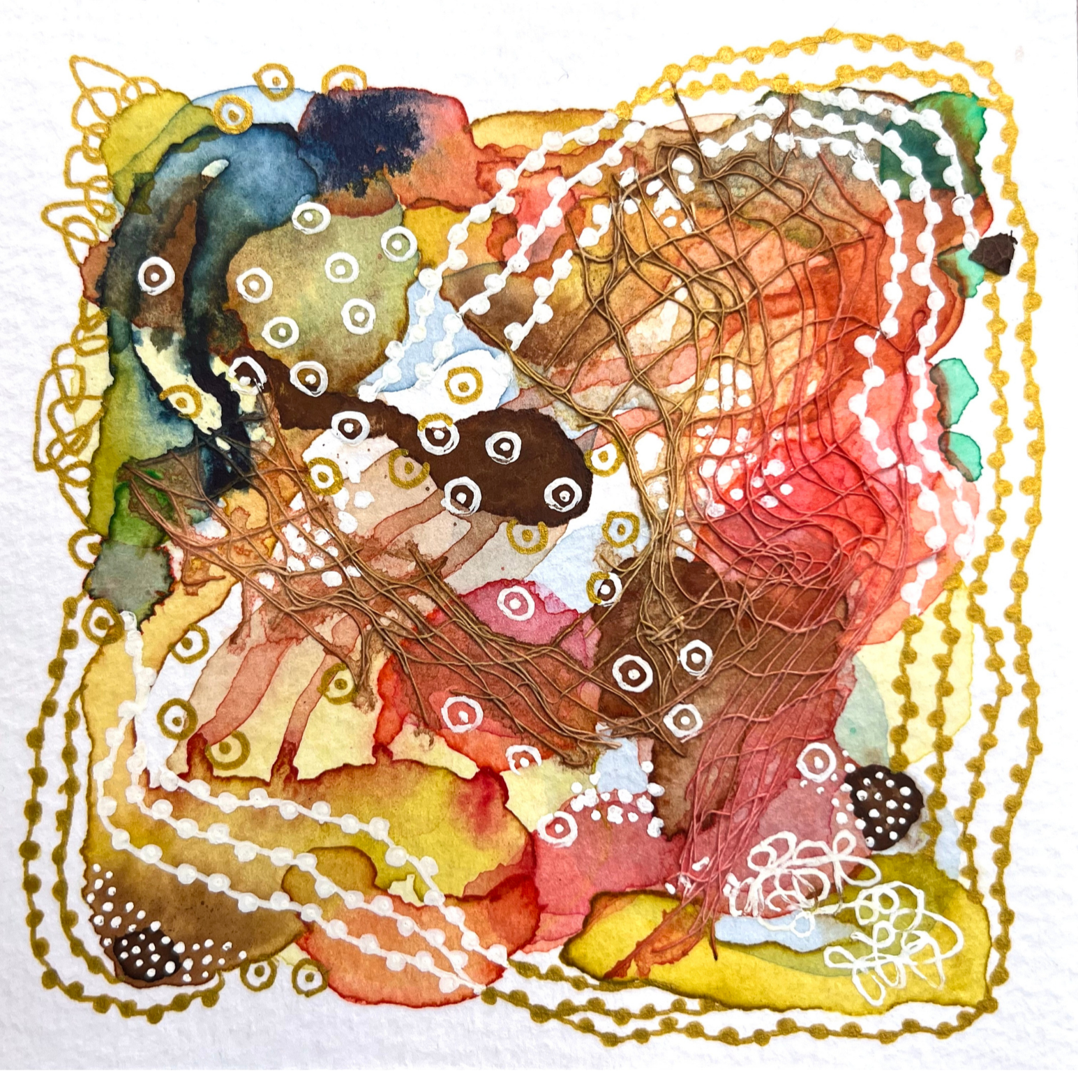 Golden hour IV. 4"x4". Watercolor, ink, and gauze.