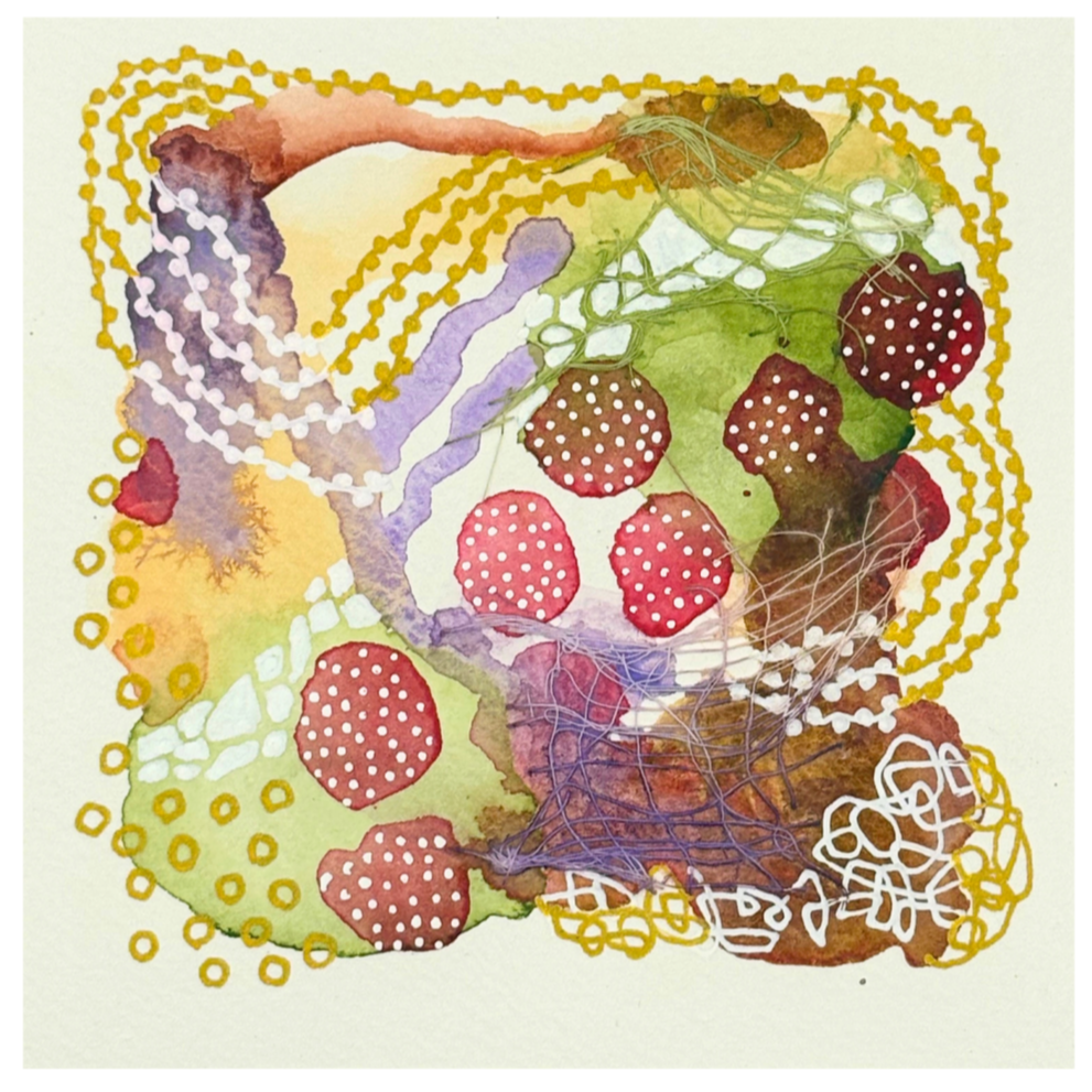 Loose ends VII. 4"x4". Watercolor, ink, and gauze.