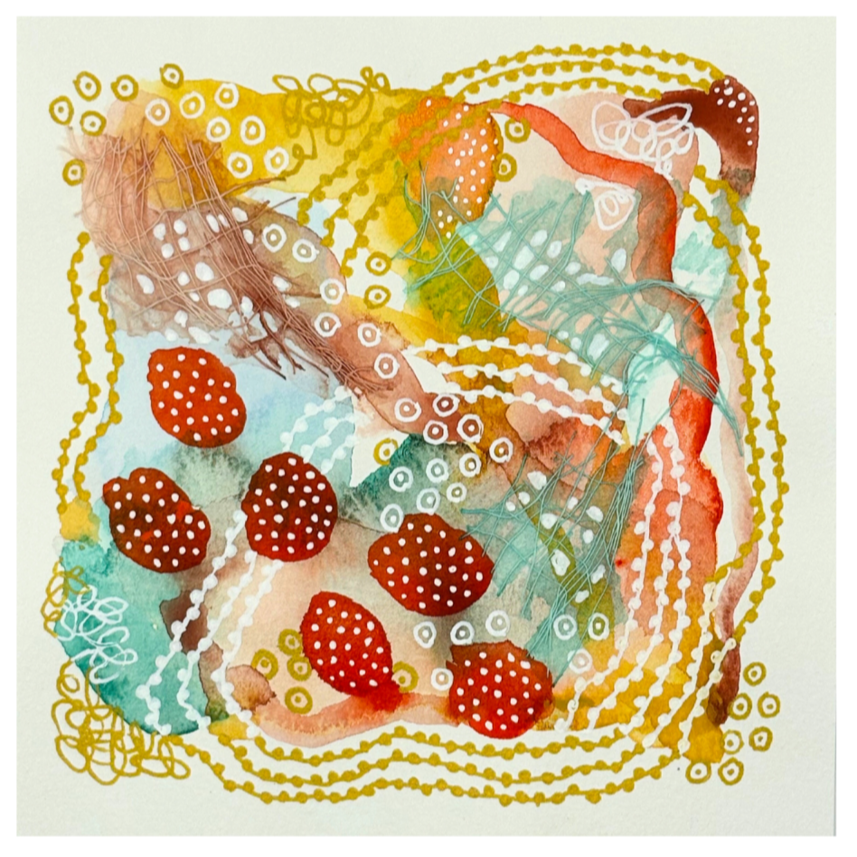 First crush II. 4"x4". Watercolor, ink, and gauze.