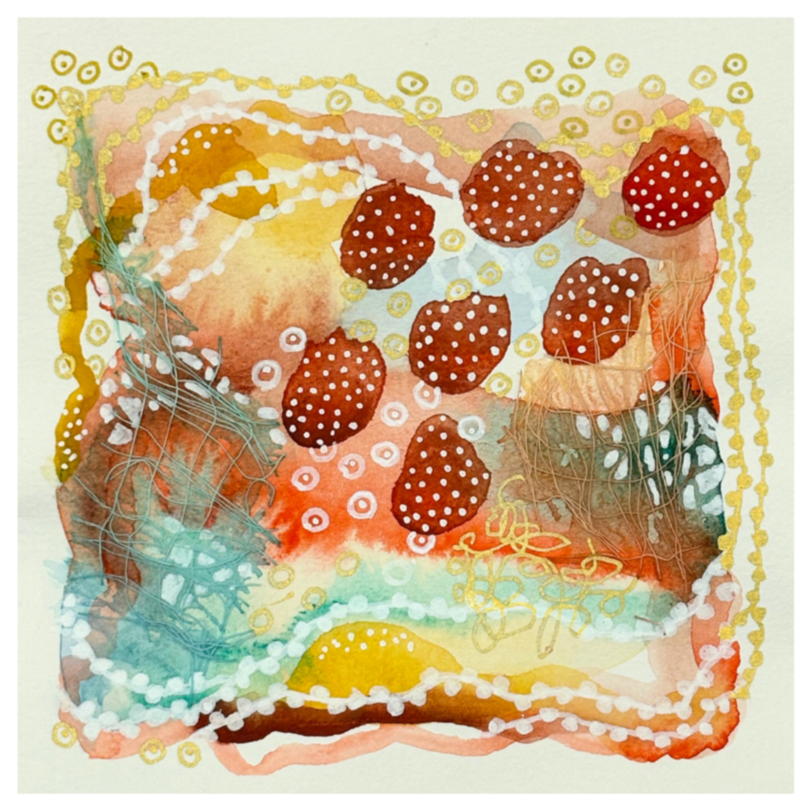 First crush I. 4"x4". Watercolor, ink, and gauze.