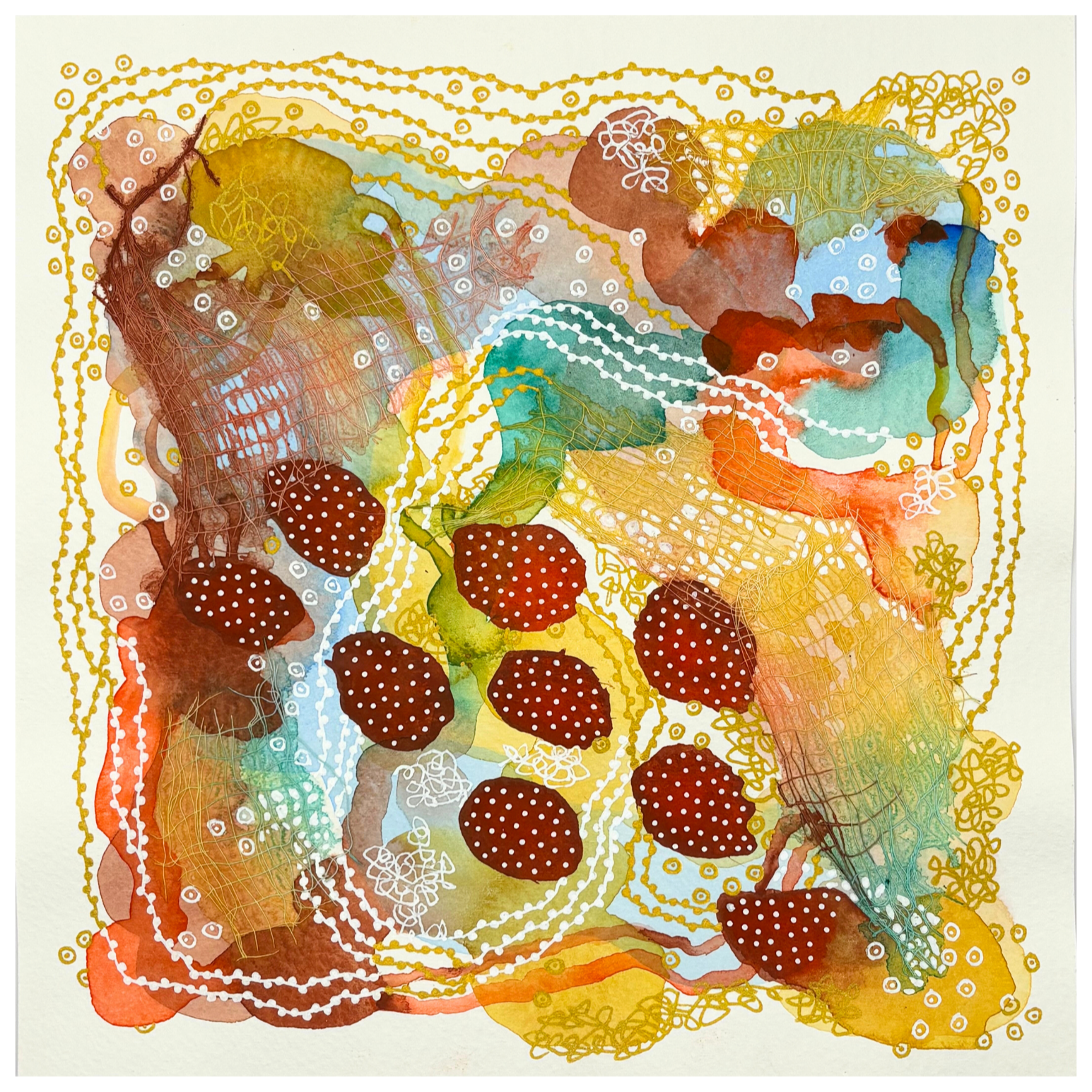 Second harvest II. 8"x8". Watercolor, ink, and gauze.