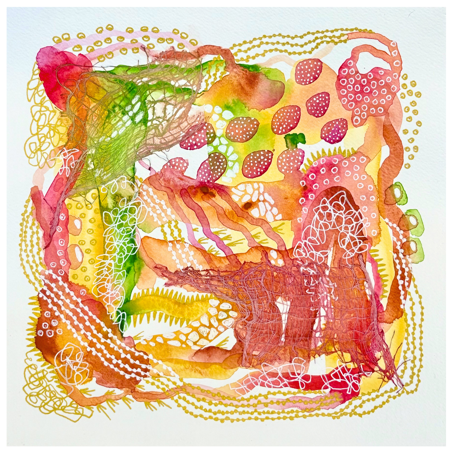 Slow burn I. 8"x8". Watercolor, ink, and gauze.