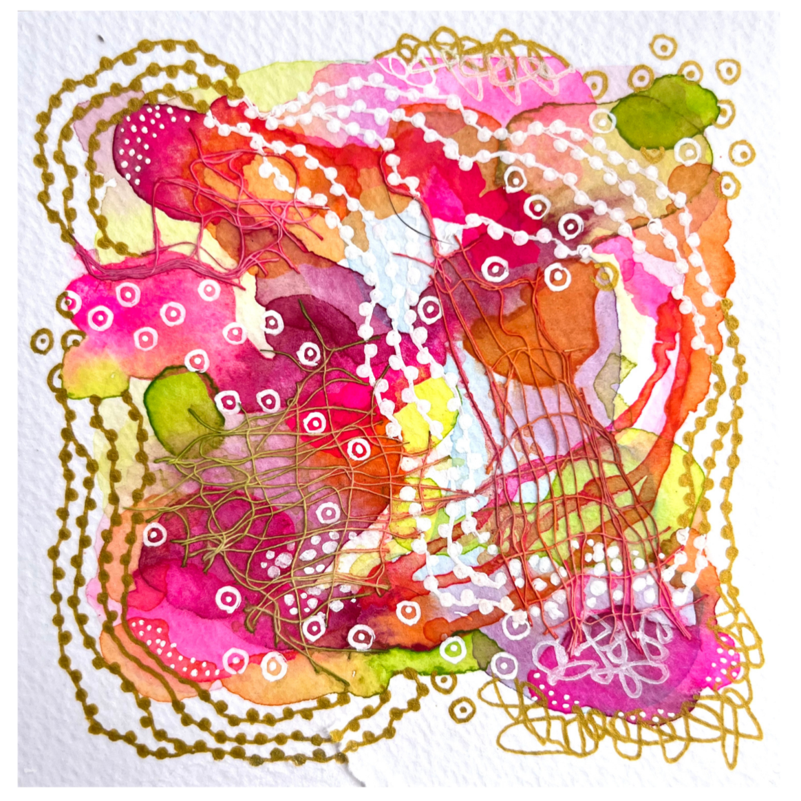 Daydreaming I. 4"x4". Watercolor, ink, and gauze.