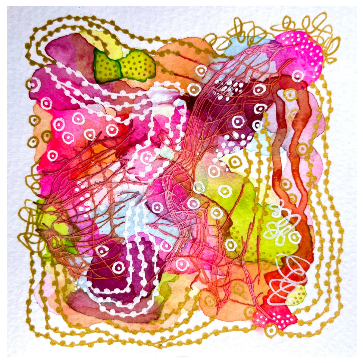 Daydreaming III. 4"x4". Watercolor, ink, and gauze.