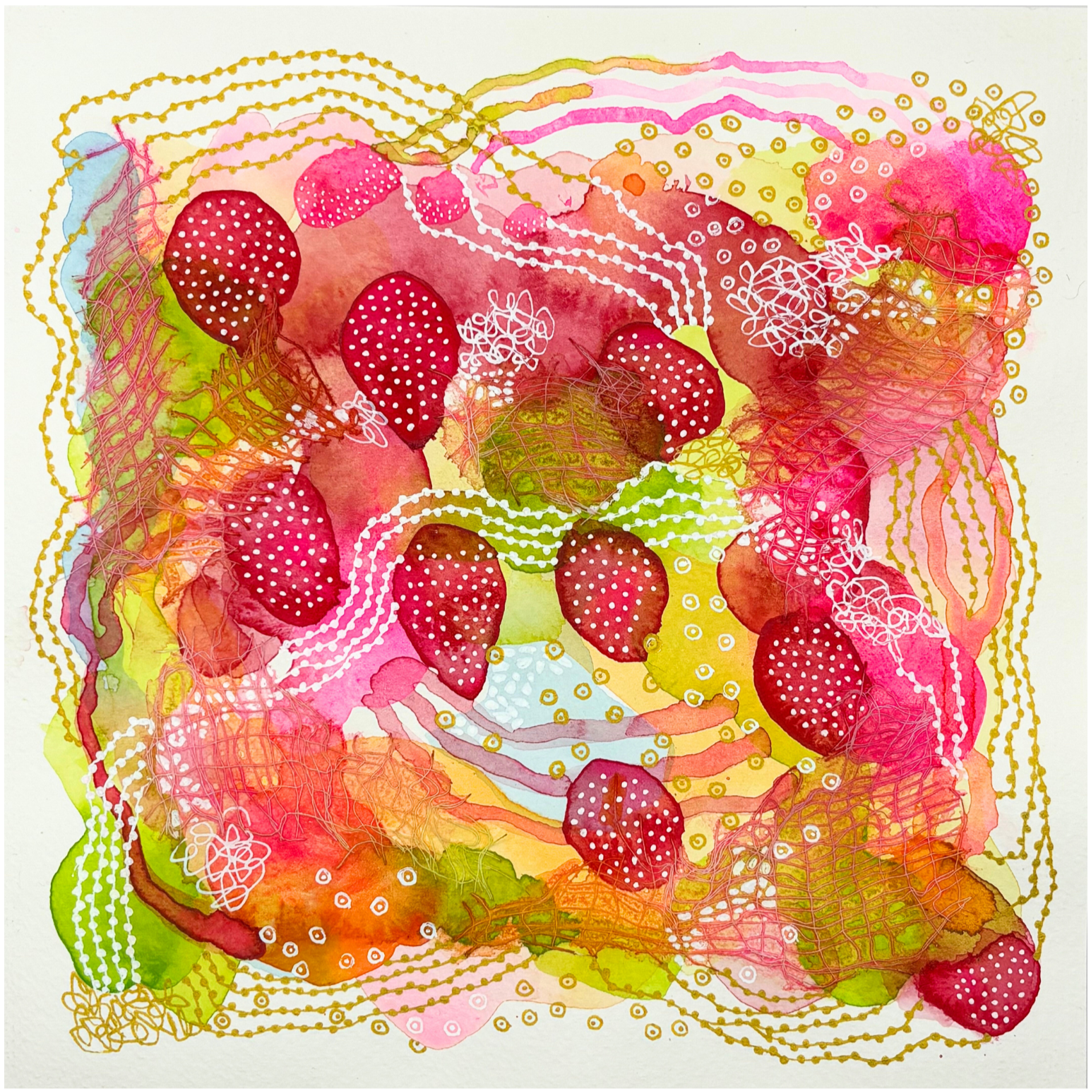 In full swing I. 8"x8". Watercolor, ink, and gauze.