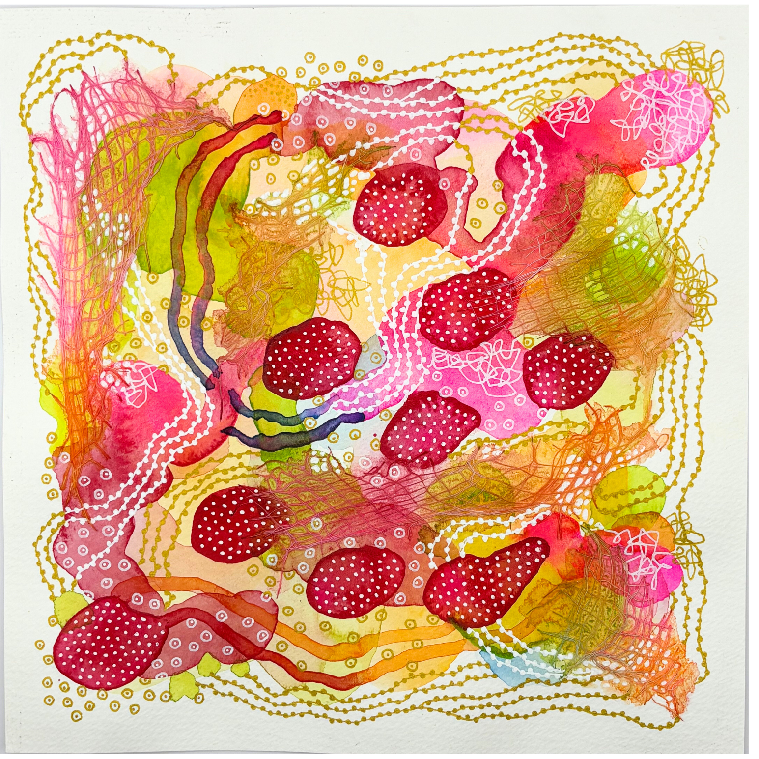 In full swing II. 8"x8". Watercolor, ink, and gauze.