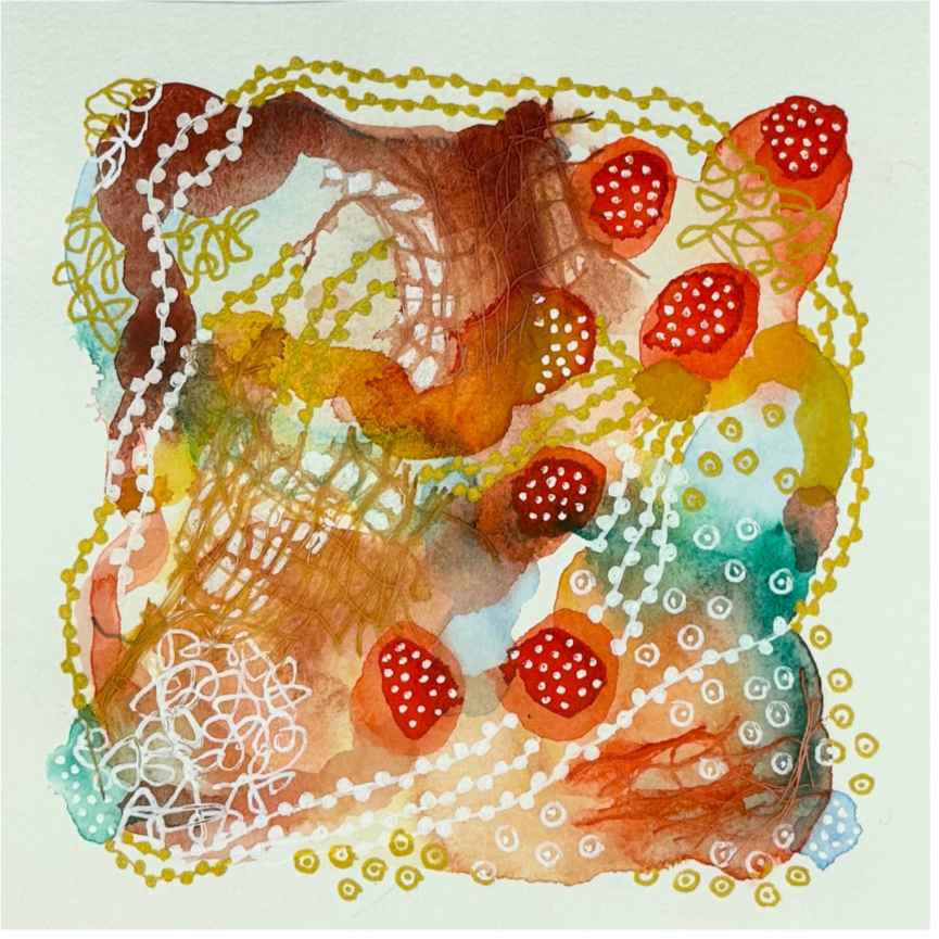 First crush V. 4.5"x4.5". Watercolor, ink, and gauze.