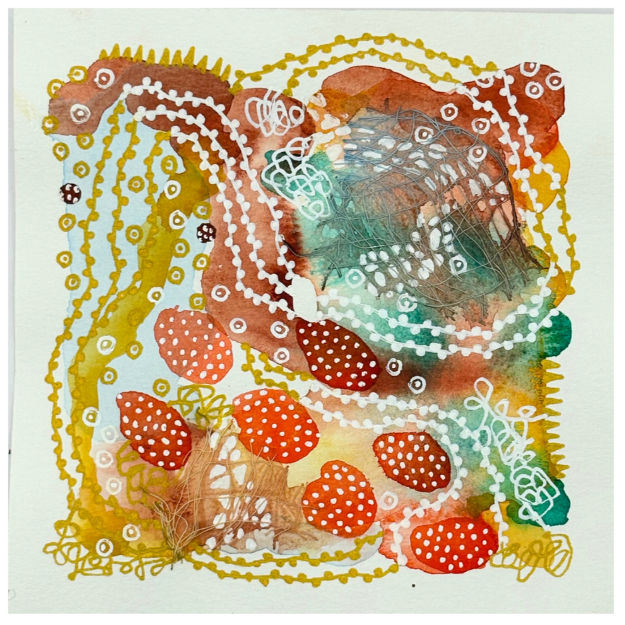 First crush IV. 4.5"x4.5". Watercolor, ink, and gauze.