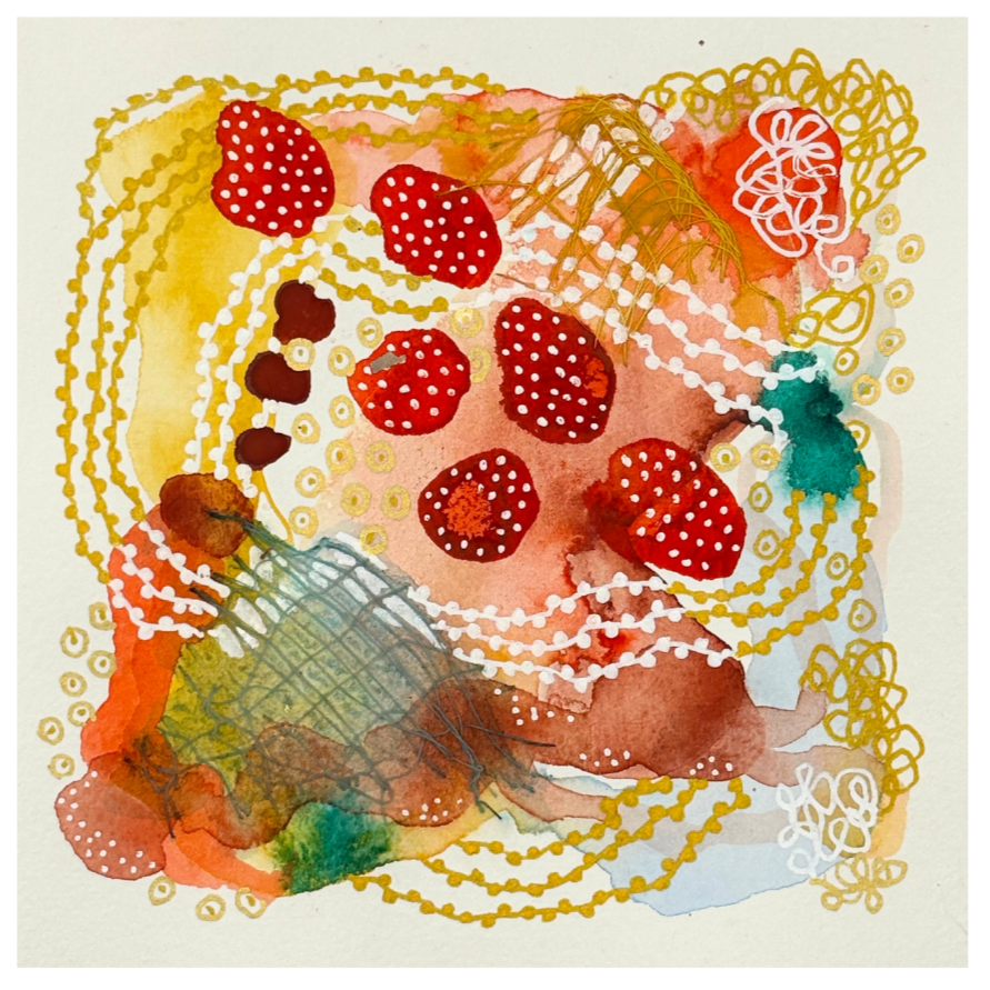 First crush III. 4"x4". Watercolor, ink, and gauze.
