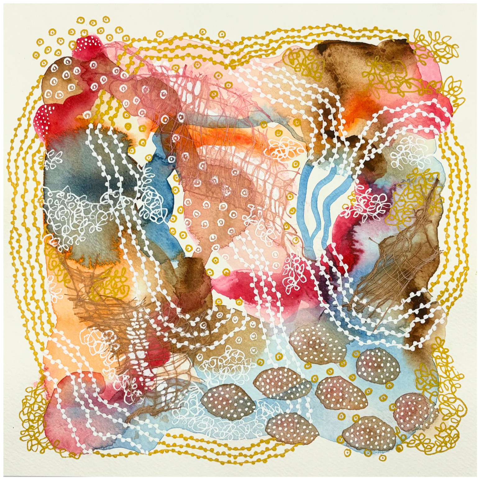 Sewing the seed II. 8"x8". Watercolor, ink, and gauze.