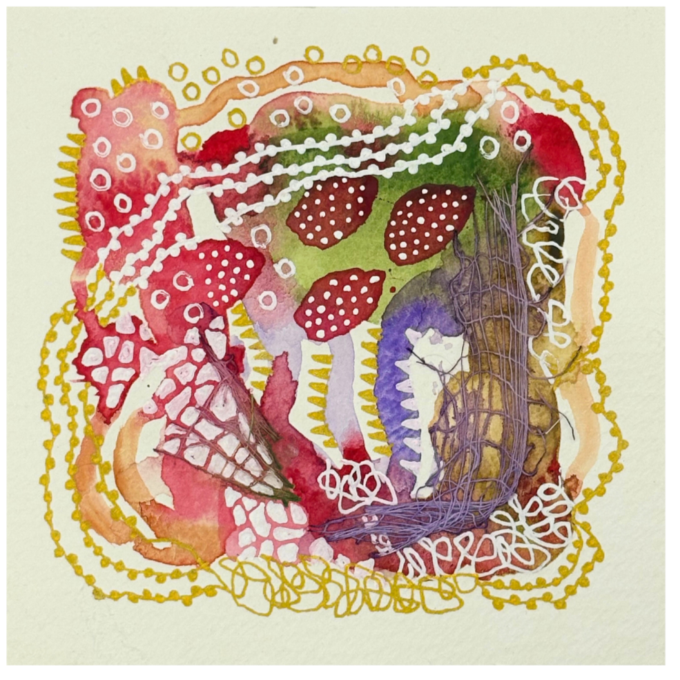 Loose ends VI. 4"x4". Watercolor, ink, and gauze.