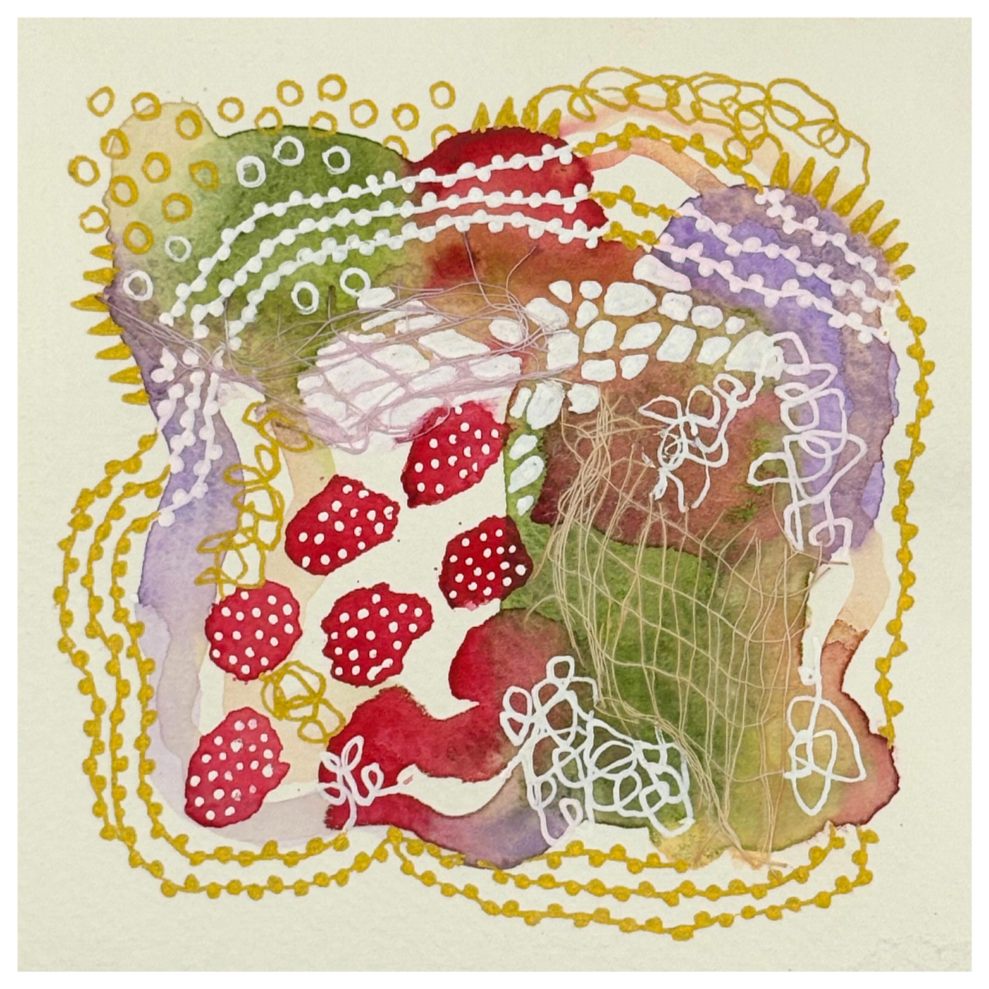 Loose ends V. 4"x4". Watercolor, ink, and gauze.