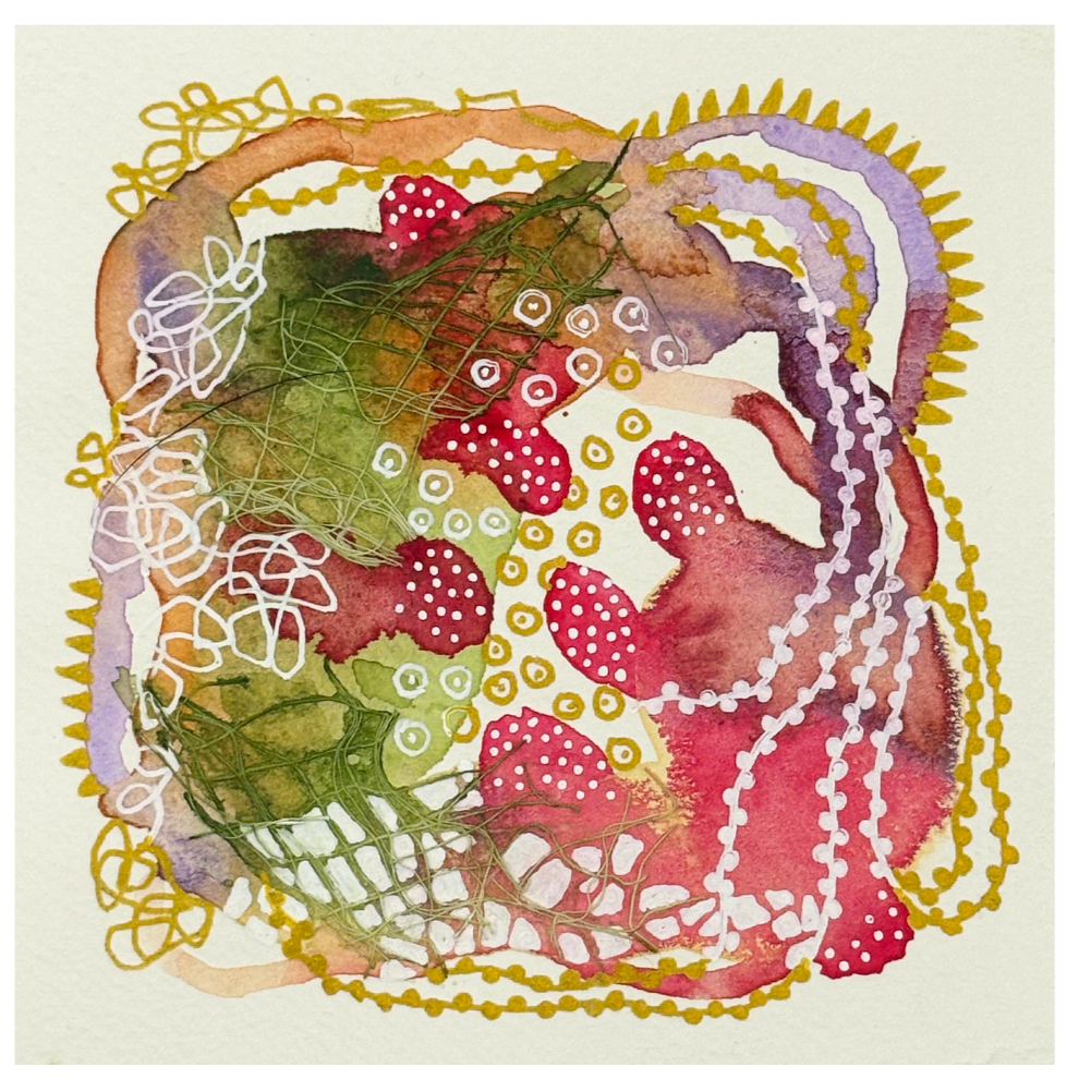 Loose ends IV. 4"x4". Watercolor, ink, and gauze.