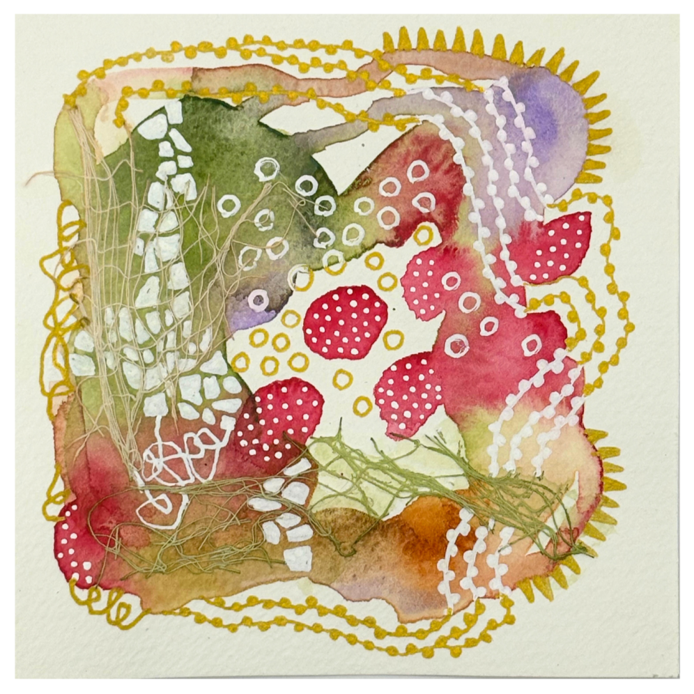 Loose ends II. 4"x4". Watercolor, ink, and gauze.