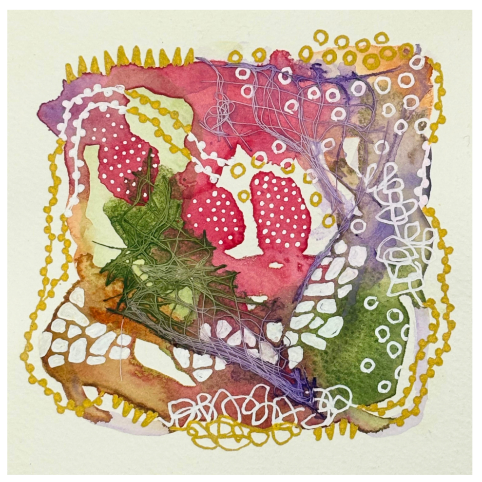 Loose ends I. 4"x4". Watercolor, ink, and gauze.
