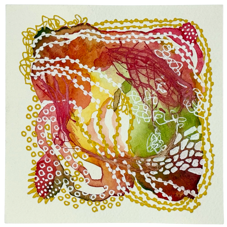 Somewhere warm III. 4"x4". Watercolor, ink, and gauze.