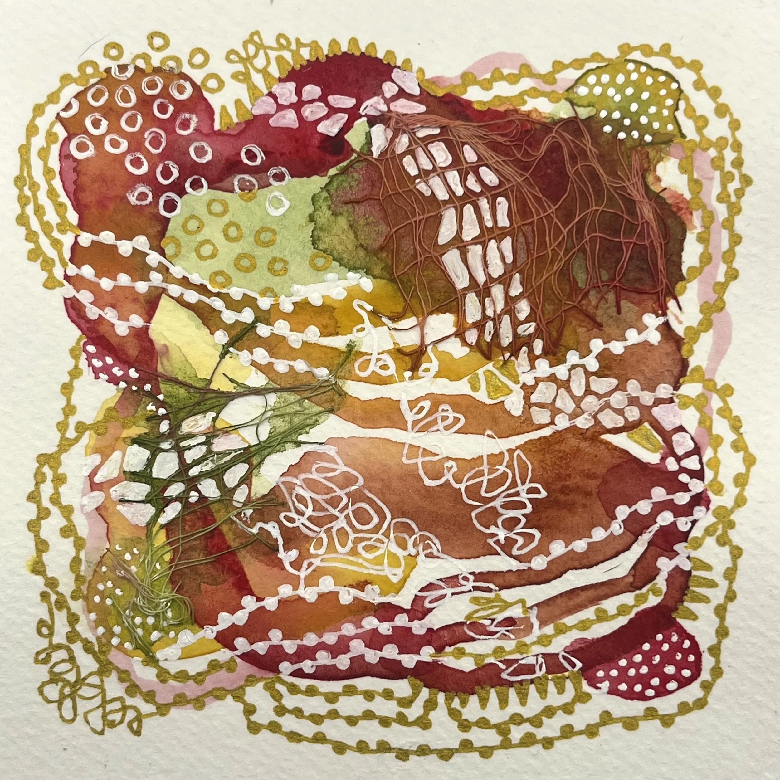 Somewhere Warm II. 4"x4". Watercolor, ink, and gauze.
