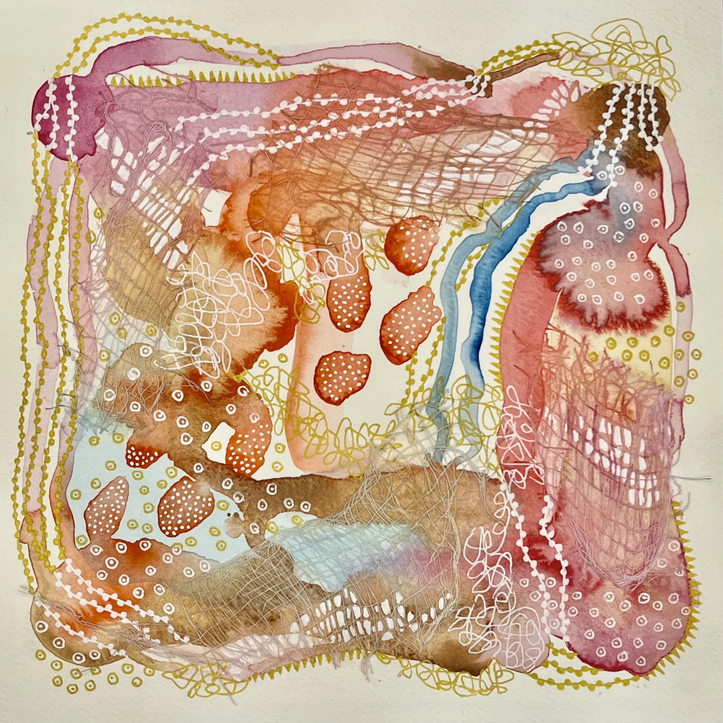 Eventually Blue. 8"x8". Watercolor, ink, and gauze.