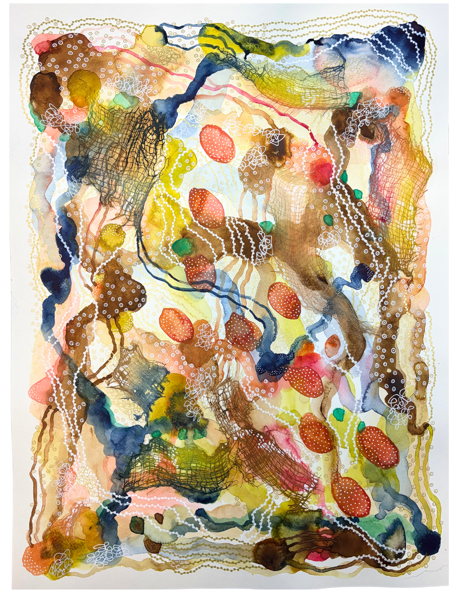 Smorgasboard. 18"x24". Watercolor, ink, and gauze.