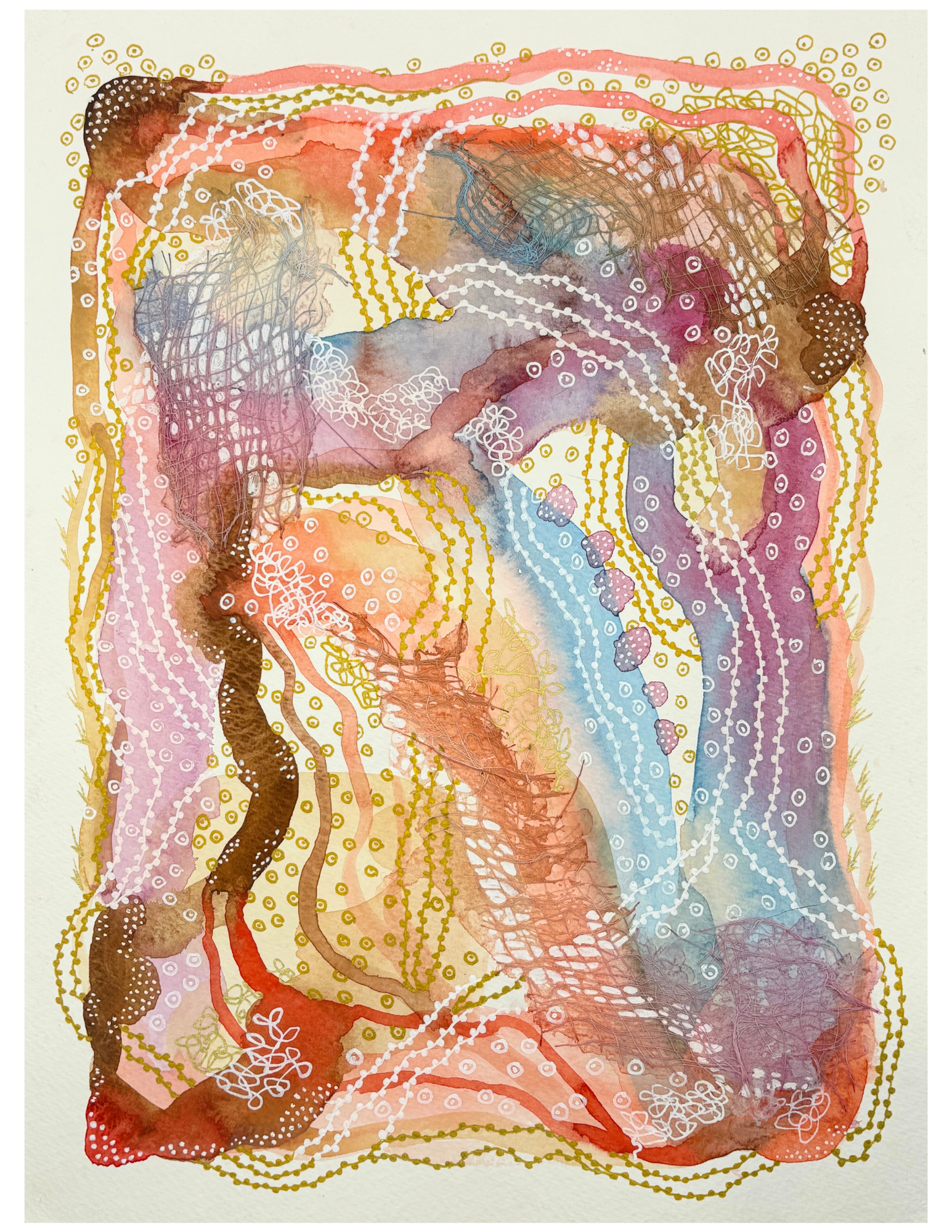 The way home. 9"x12". Watercolor, ink, and gauze.