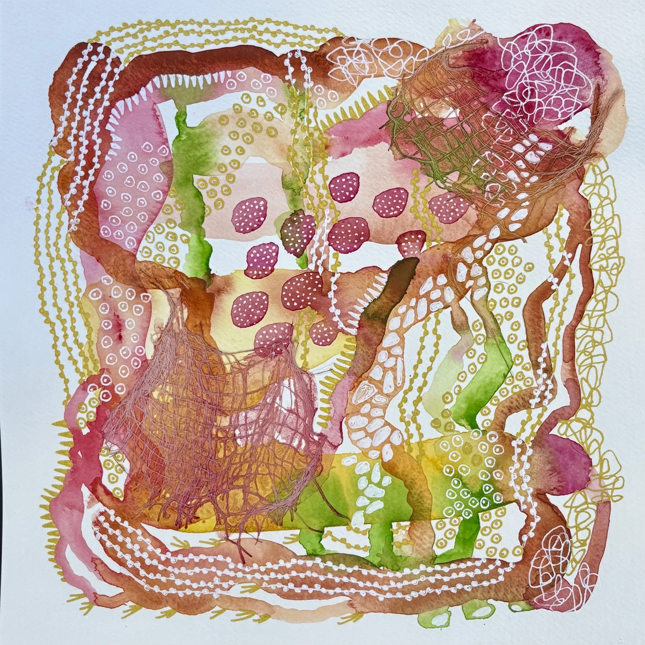 Slow Burn I. 8"x8". Watercolor, ink, and gauze.