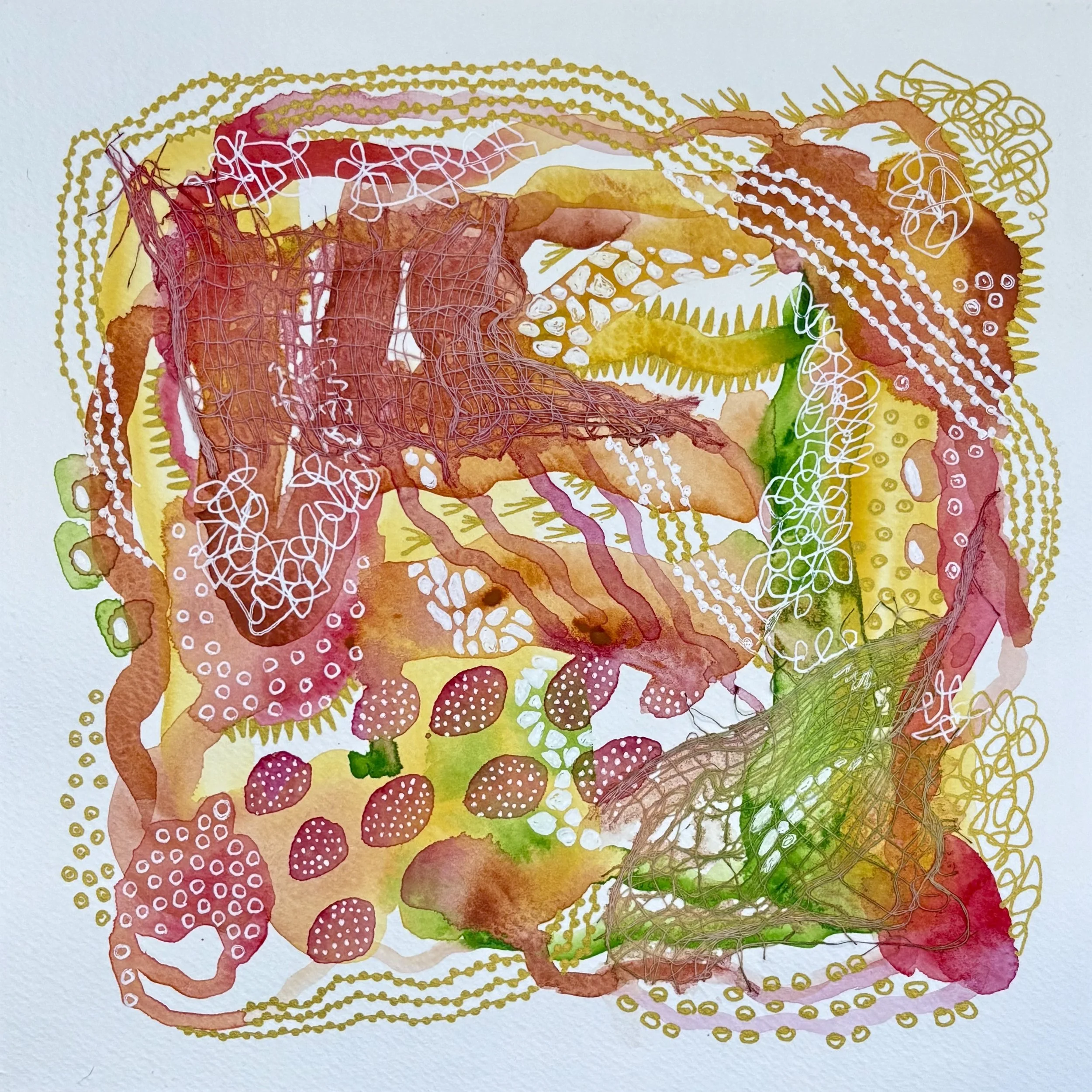 Slow Burn I. 8"x8". Watercolor, ink, and gauze.
