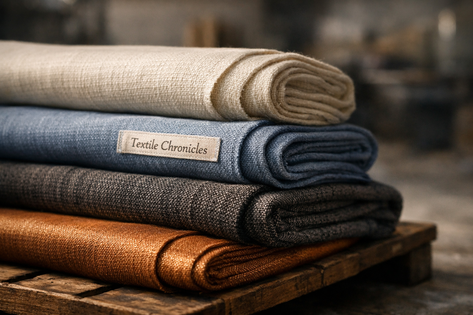 Stack of folded textiles in beige, blue, dark gray, and copper colors, with a label reading "Textile Chronicles" on the blue one, placed on a wooden surface.
