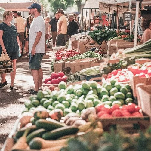 Market scene with fresh vegetables like tomatoes, cucumbers, and zucchinis, and people shopping at an outdoor farmer's market.