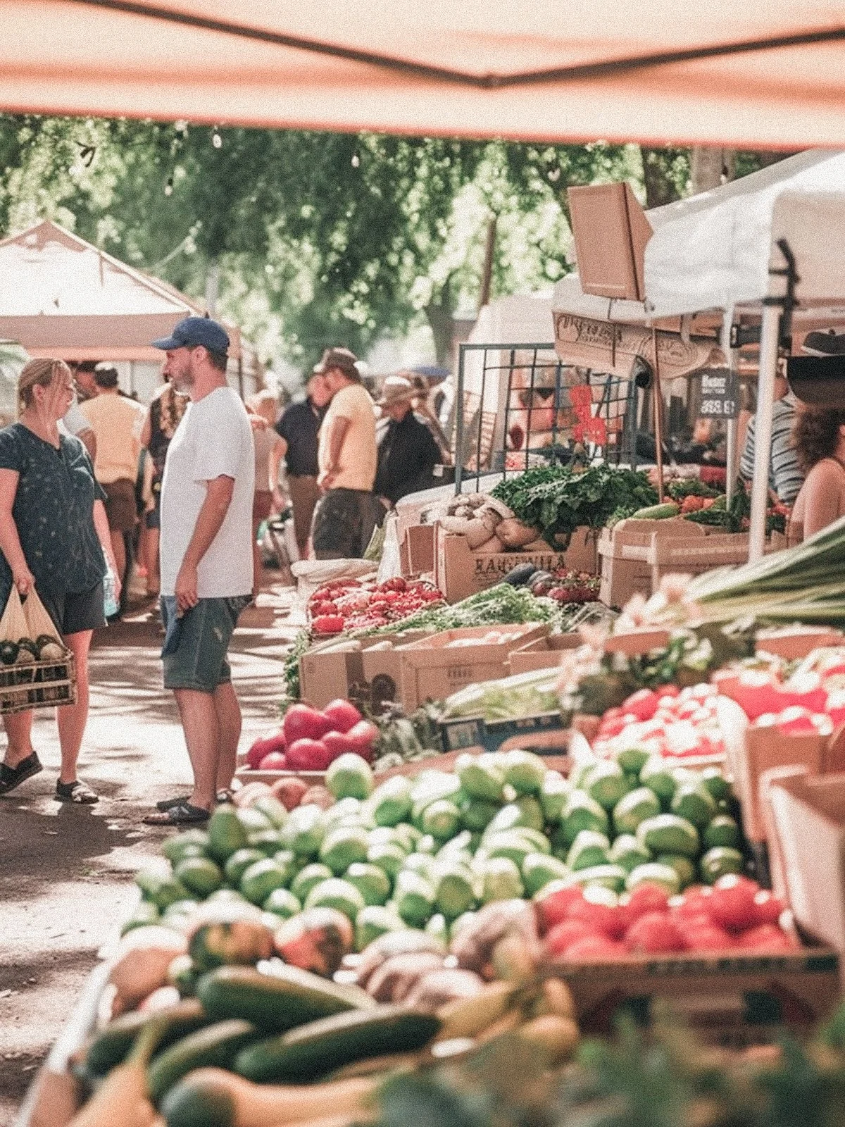 People shopping at an outdoor farmers market with a display of fresh vegetables and produce.