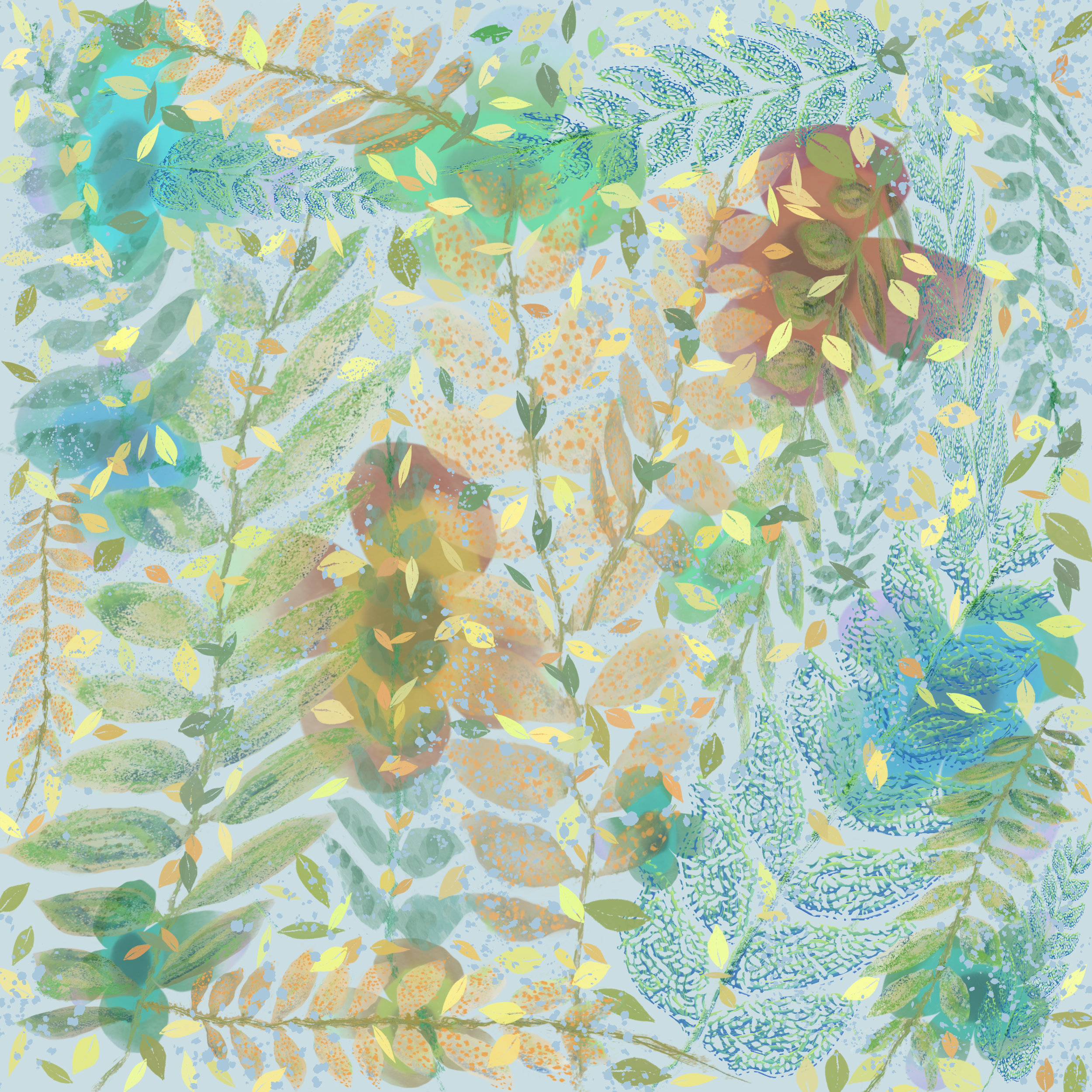 Teal Leaf and Flowers Rain