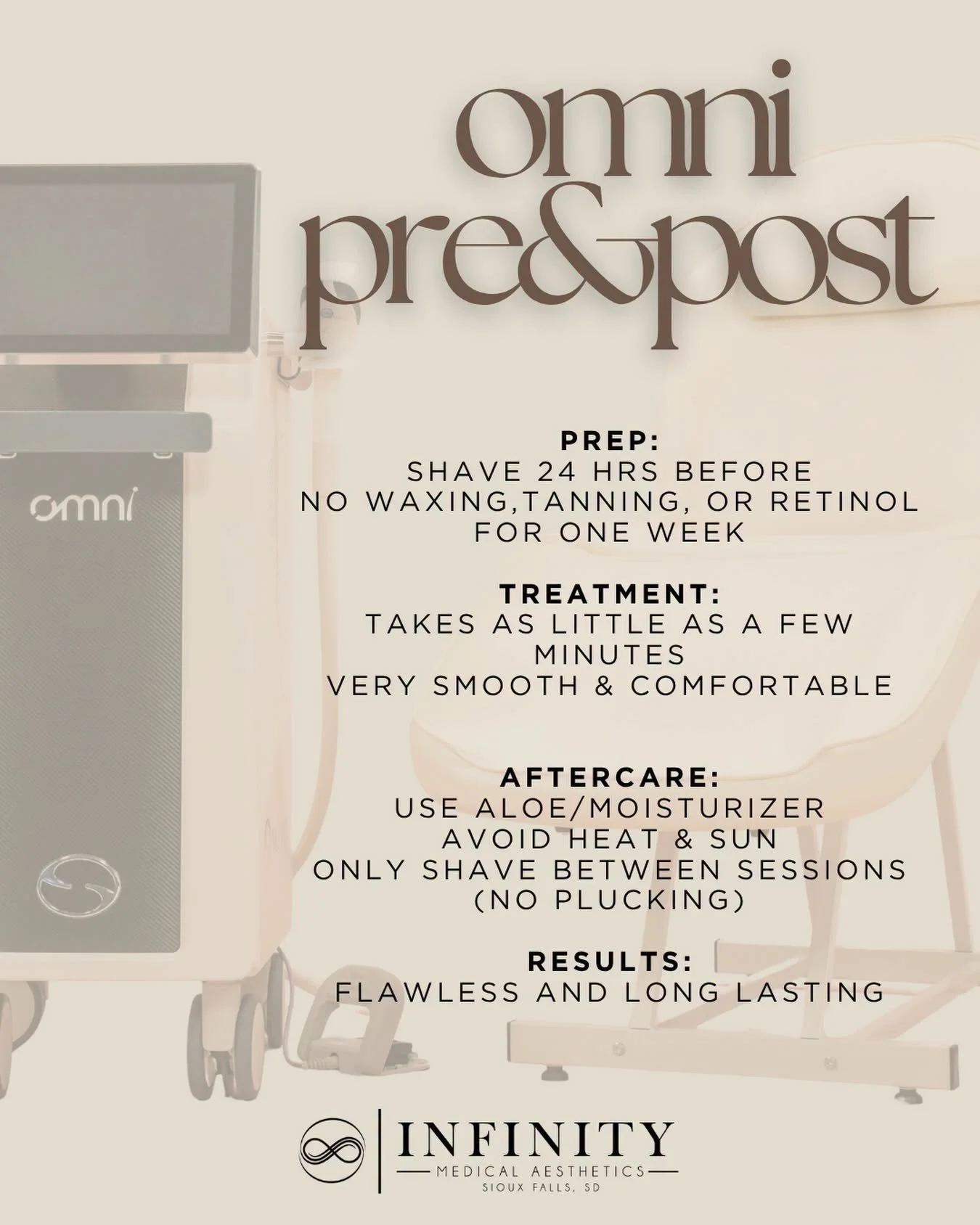 Omni laser hair removal Pre &amp; Post guide so you get the best results every time:
- Quick, comfortable treatments (yes, really)
- Minimal prep, easy aftercare
- Long-lasting, flawless results

This is your sign to stop shaving daily and start inve