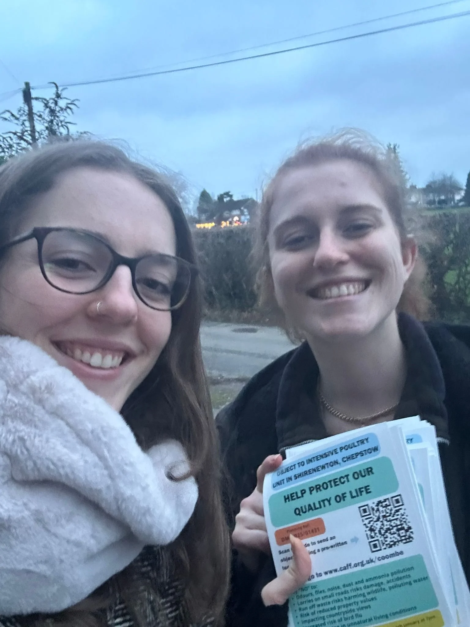 Local residents leafleting in Cheptstow to raise awareness of Coombe Farm expanding it's intensive chicken operation. 