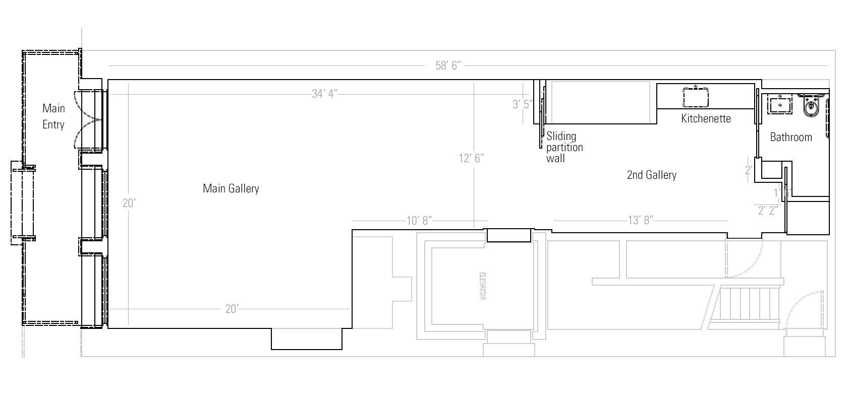 The street level gallery is 1,000 sft with 10' high ceilings.