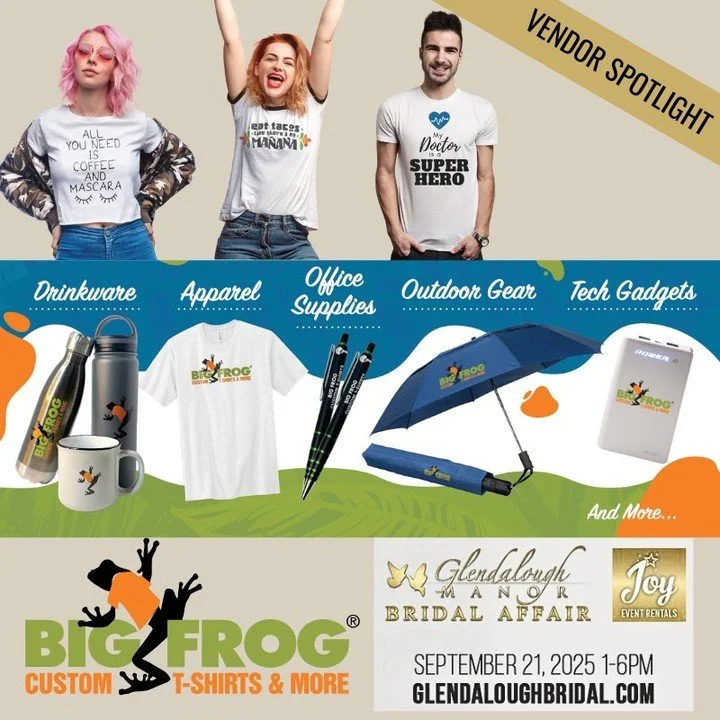 🎟 REGISTER FREE NOW &rarr; GlendaloughBridal.com

👕 Vendor Spotlight: Big Frog of Fayetteville &ndash; Custom Tees for Your Big Day (and Beyond!) 🐸✨
Meet them at the Glendalough Bridal Affair!

Hey friends! Looking for the perfect custom shirts fo
