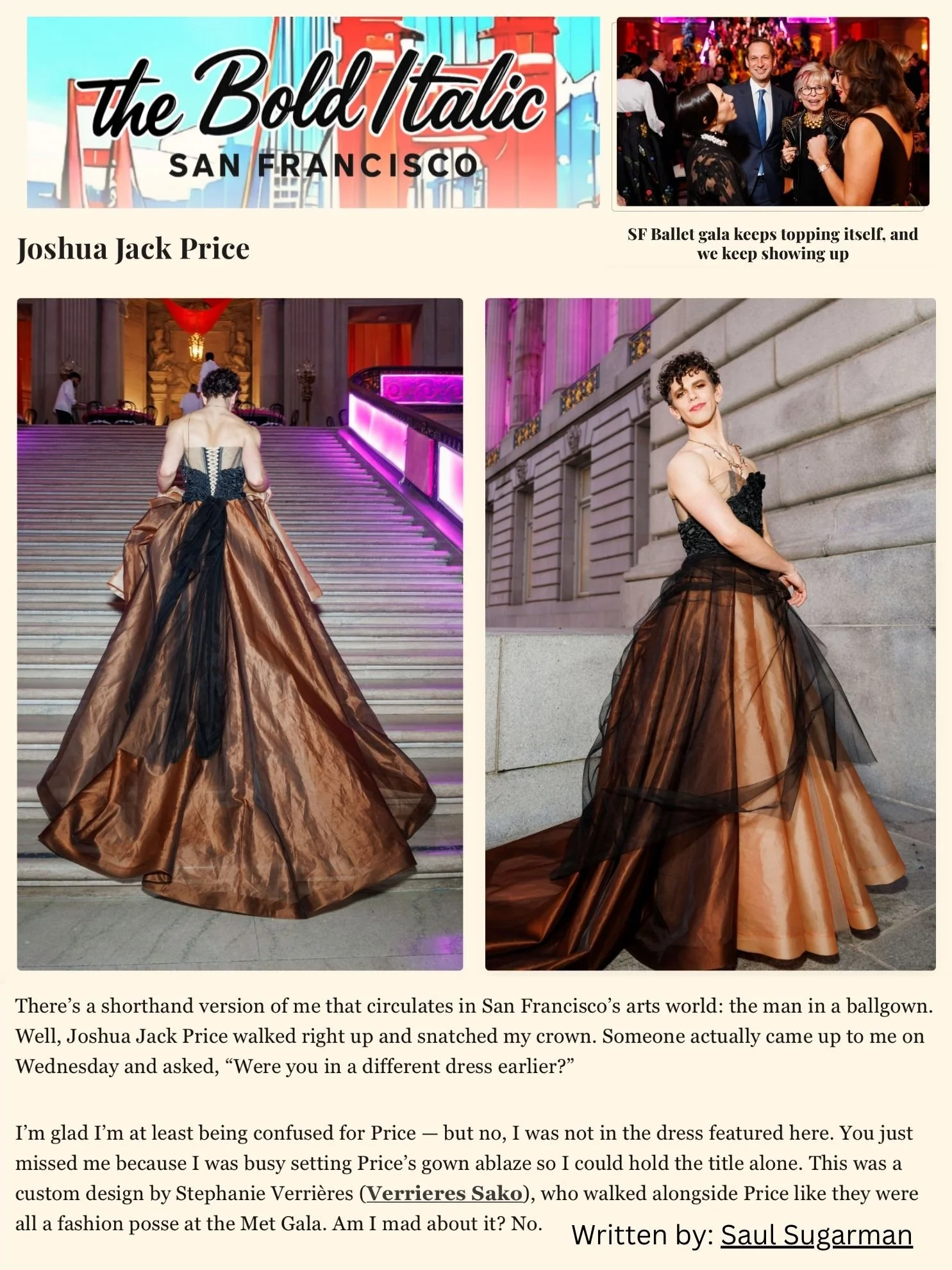 The Bold Italic: Written by Saul Sugarman, highlighting Joshua Jack Price, in Verrieres & Sako, at the San Francisco Ballet Gala 2026