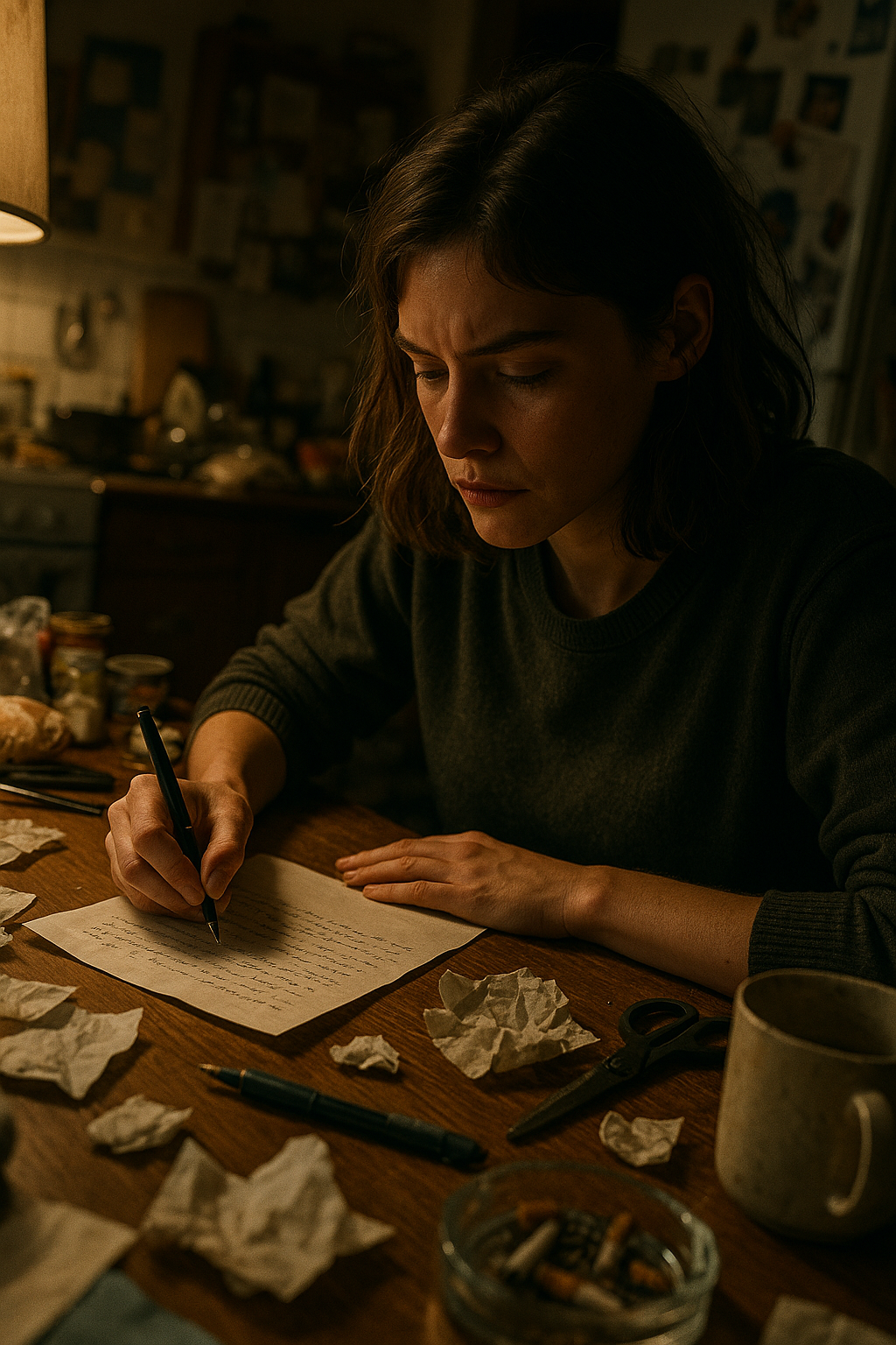 A woman with dark hair writing a letter at a cluttered kitchen table with crumpled papers, a pen, scissors, a mug, and an ashtray with cigarette butts.