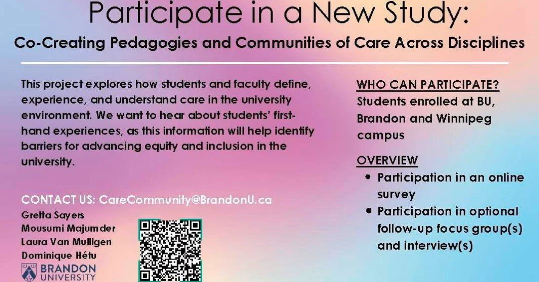 Calling all BU Students (Brandon or Winnipeg campuses). Contribute to a project on care in the university by taking an online survey!