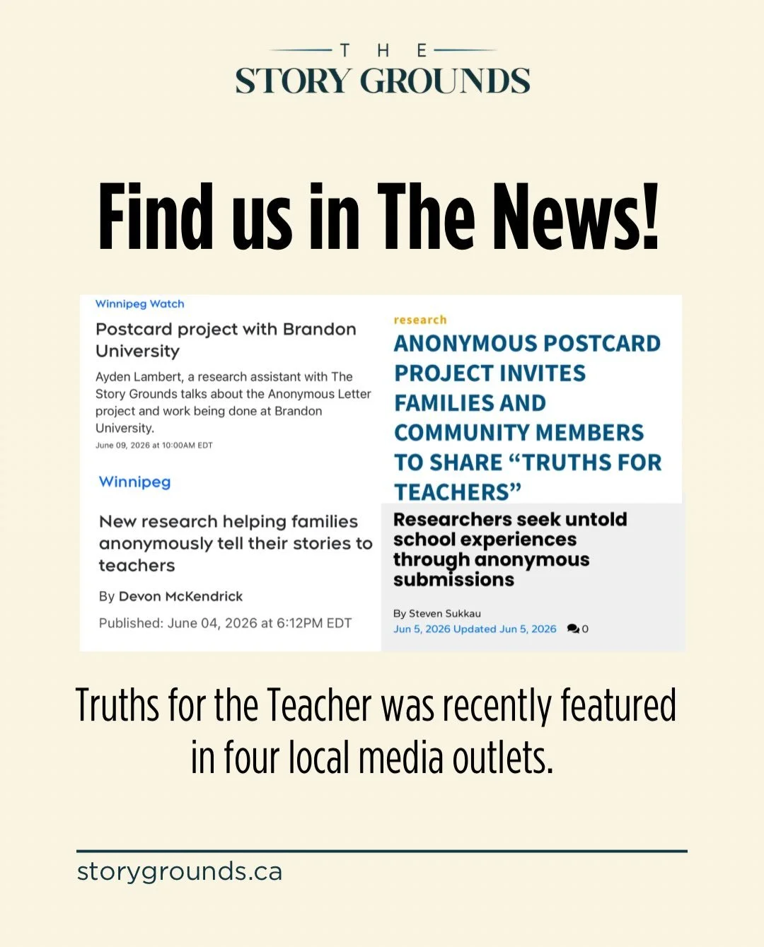 Thank you to @yourmorning @winnipeg_sun @ctvwinnipeg @brandonuni for featuring Truths for the Teacher and helping to share this project with a wider audience!

To read the news articles and learn more about the project, find the links in our bio. 

#