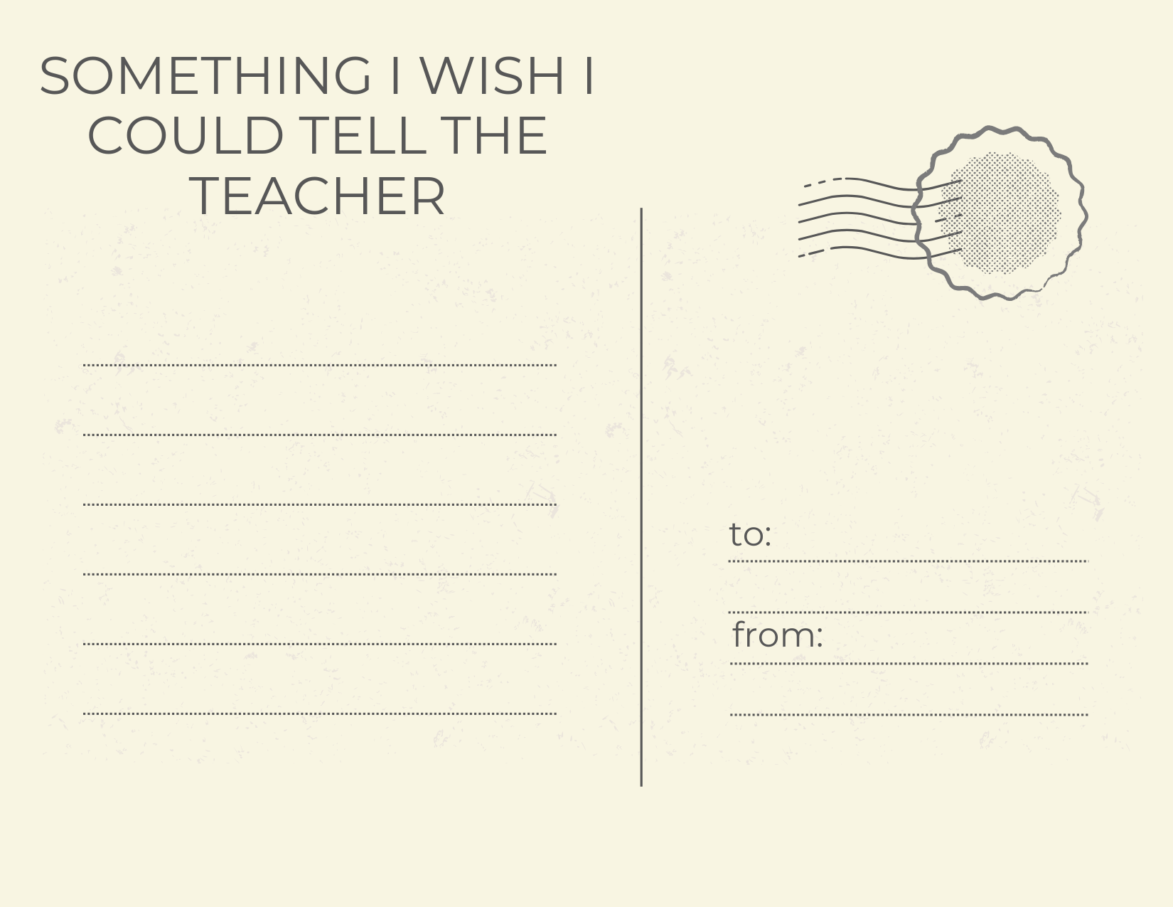 A printable greeting card template with a message at the top saying 'Something I wish I could tell the teacher,' along with blank lines for writing a message. The right side has a section for the recipient and sender with dotted lines for writing names. There is a simple illustration of a flying insect with lines representing sound or flight trails in the top right corner.