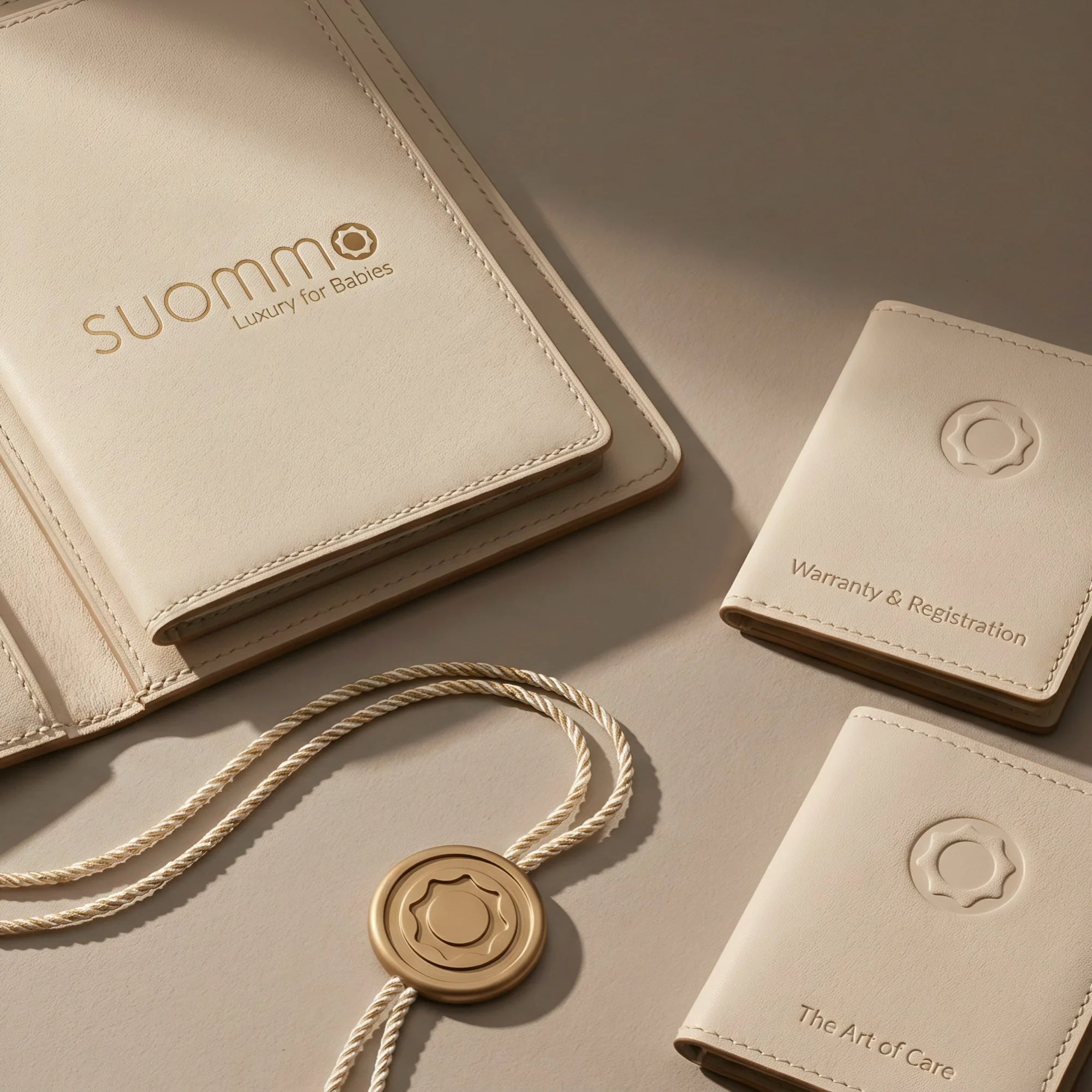 Inside SUOMMO, SUOMMO presentation cover, Warranty & Registration and The Art of Care booklets with an emblem and cord.